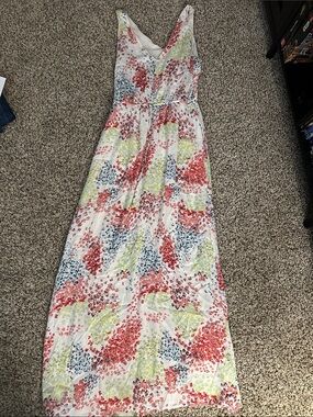 Lucky Brand White Maxi Dress with Coral, Lime & Navy Floral Print